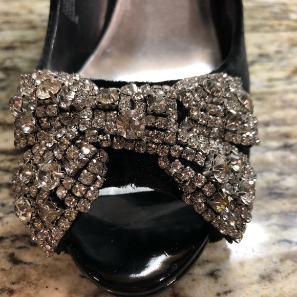 Black Velvet Crystal Bow Heels - Picture 2 of 6